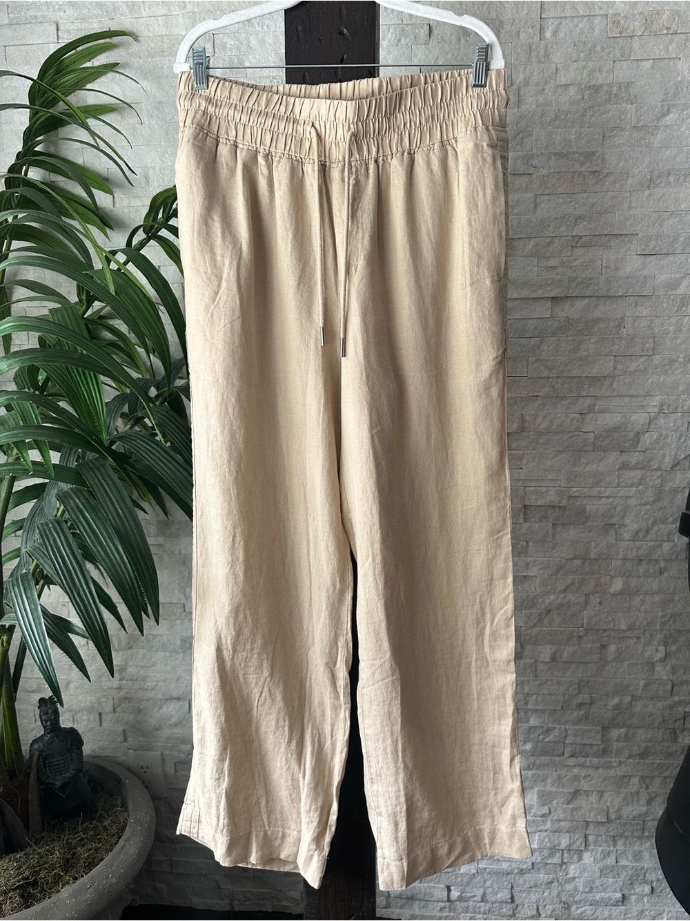 Quince European Linen Wide Leg Pull On Driftwood Tan Pants L New with Tags